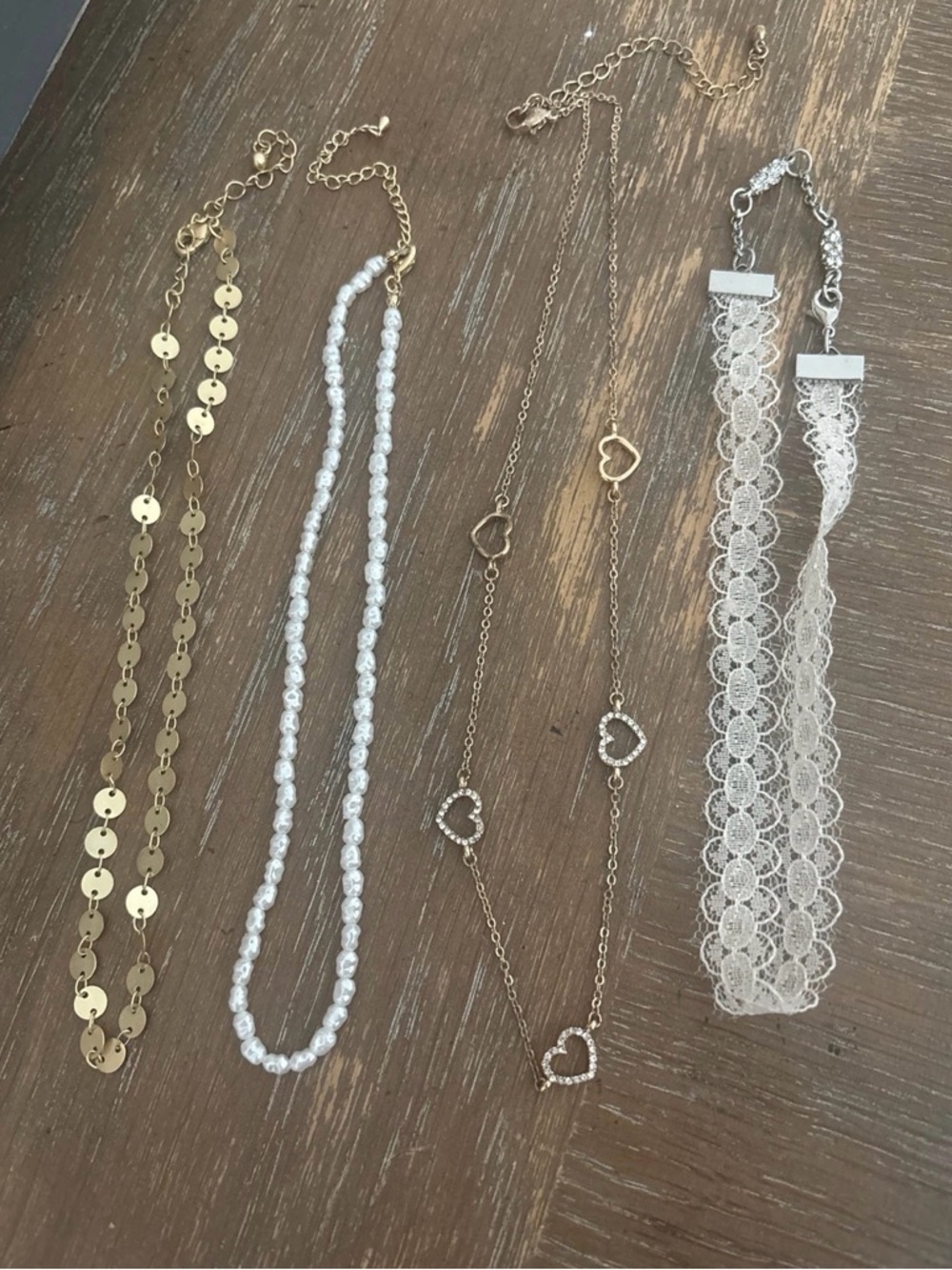 Necklaces pearl, heart, lace choker all gold